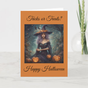 Moody Witch tricks or Treats Happy Halloween Card