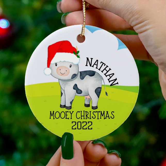 Mooey Christmas Cow Kids Farm Animal Ceramic Tree Decoration (mooey Christmas cow wearing santa claus hat Christmas ornament)