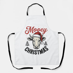 Mooey Christmas Cow Santa Hat Vintage Engraving De Apron