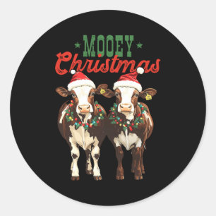Mooey Christmas Cow With Santa Hats Xmas Lights Me Classic Round Sticker