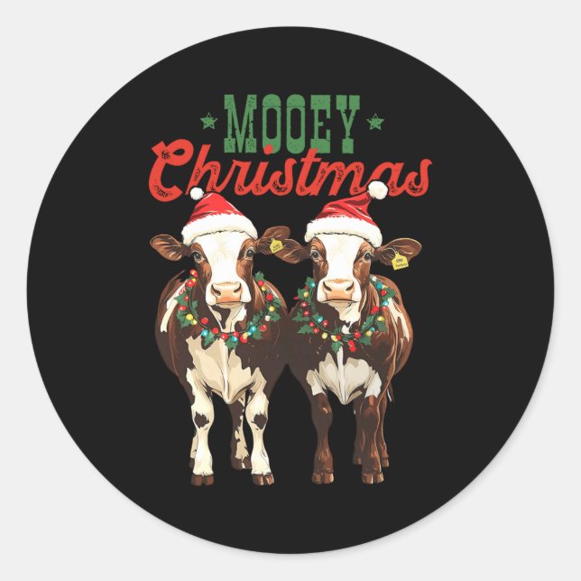 Mooey Christmas Cow With Santa Hats Xmas Lights Me Classic Round Sticker (Front)