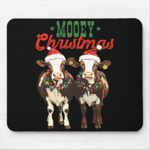 Mooey Christmas Cow With Santa Hats Xmas Lights Me Mouse Pad