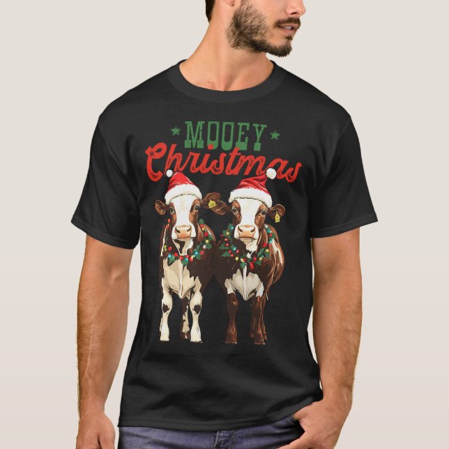 Mooey Christmas Cow With Santa Hats Xmas Lights Me T-Shirt (Front)