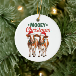 Mooey Christmas Cows Santa Hats Merry Xmas Holiday Ceramic Tree Decoration