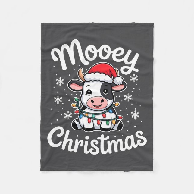 Mooey Christmas Cute Cow With Santa Hat And Holida Fleece Blanket (Front)