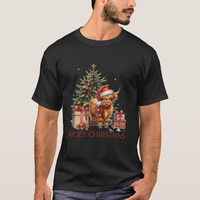 Mooey Christmas Cute Highland Cow Santa Xmas Tree  T-Shirt (Front)