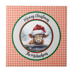 Mooey Christmas Funny Highland Cow Red Gingham  Tile