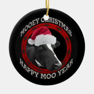 Mooey Christmas Happy Moo Year Santa Hat Cow Ceramic Tree Decoration