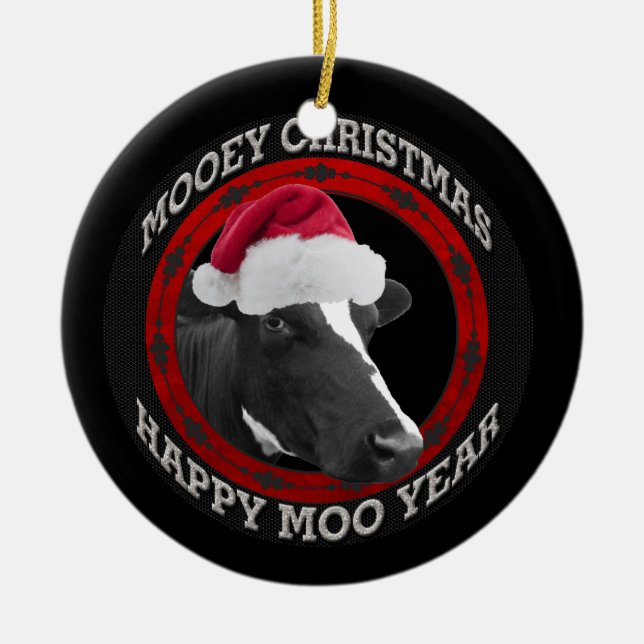 Mooey Christmas Happy Moo Year Santa Hat Cow Ceramic Tree Decoration (Front)