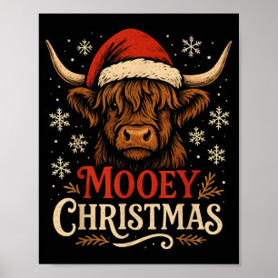 Mooey Christmas Highland Cow Funny Santa Hat Desig Poster
