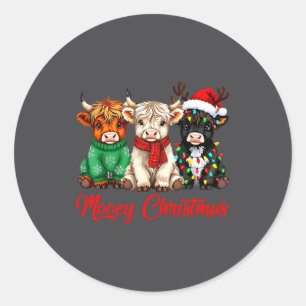 Mooey Christmas Lights Santa Hat Xmas Highland Cow Classic Round Sticker