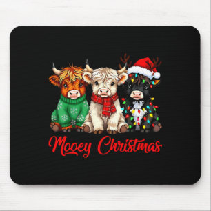 Mooey Christmas Lights Santa Hat Xmas Highland Cow Mouse Pad