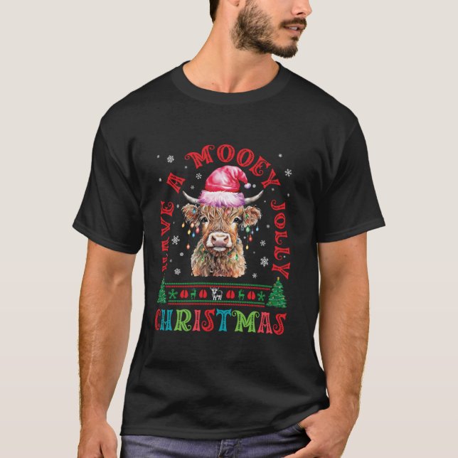 Mooey Jolly Christmas Scottish Highland Cow Family T-Shirt (Front)