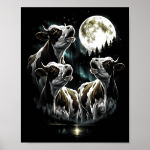 Mooing 3 cow at moon vintage funny 80s-90s retro poster