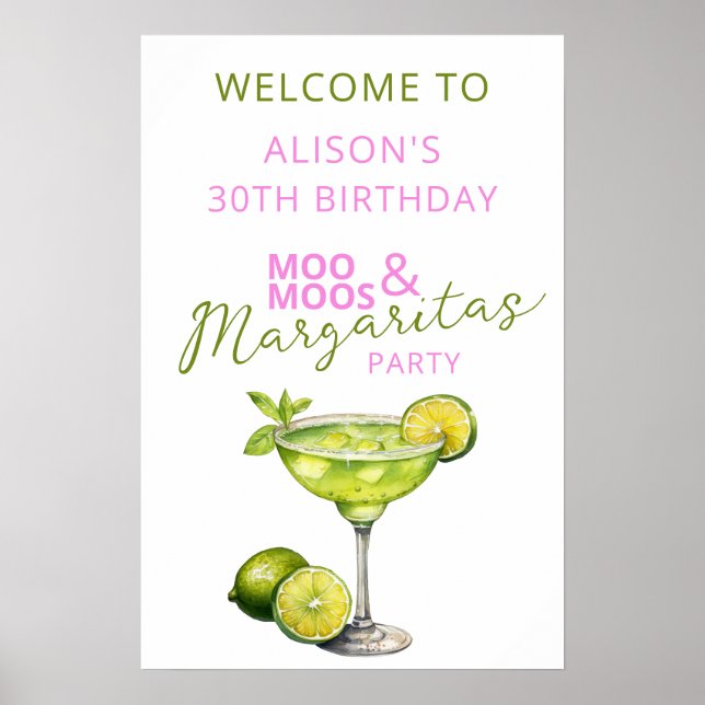 MooMoos & Margaritas Pink Birthday Welcome Sign (Front)
