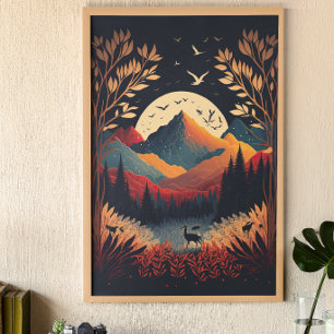 Moon and Colourful Mountains with Meadow Ai Art Poster