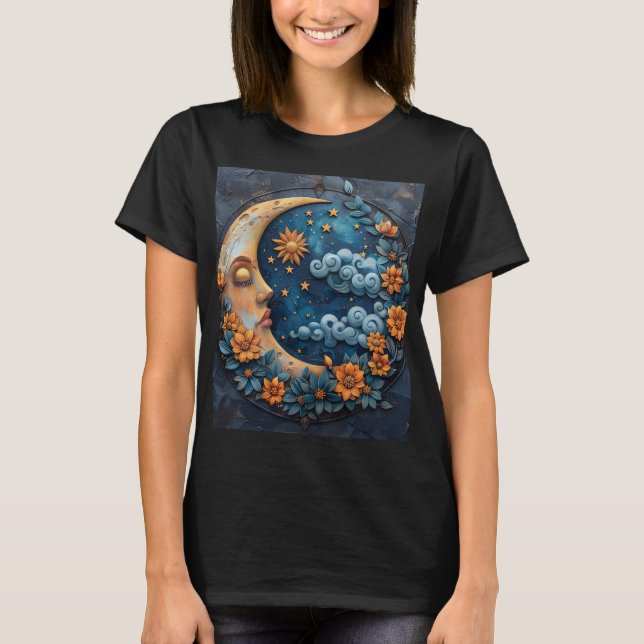 Moon and Flower Design Graphic Tshirt Top (Front)