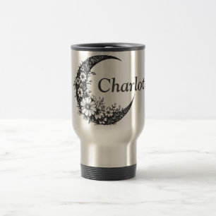 Moon and Flowers Art with Customizable Name Travel Mug
