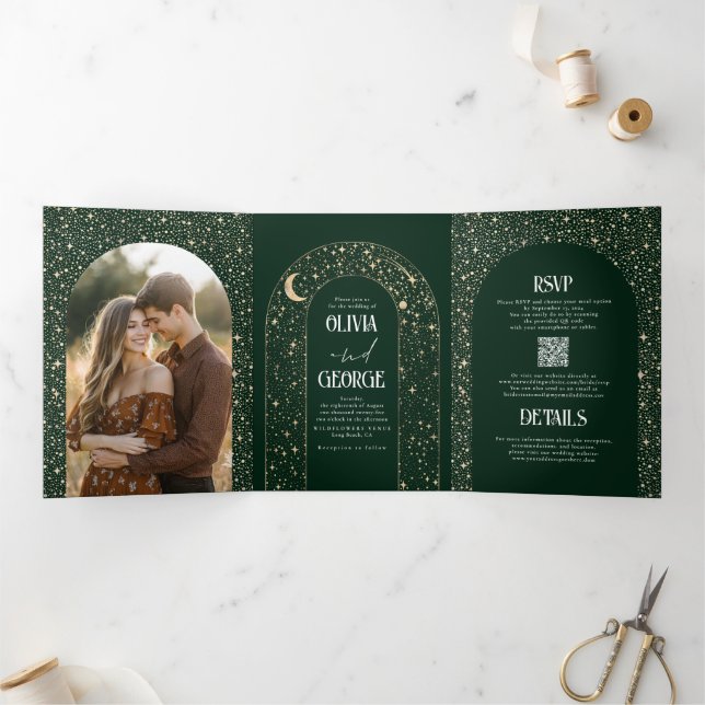 Moon and Stars Arch Celestial Wedding Photo Tri-Fold Invitation (Inside)