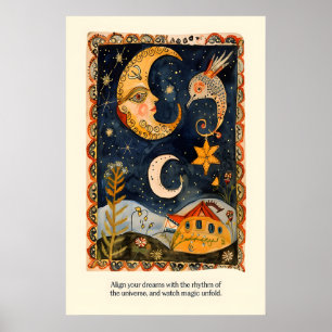 Moon and Stars Art Print Celestial Folk Art Poster