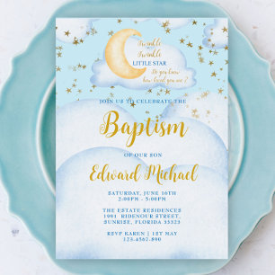 Moon and Stars Baby Boy Baptism  Invitation