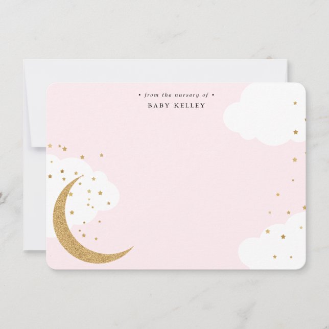 Moon and Stars, Baby Pink Personalised Flat Card (Front)