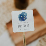 Moon and Stars Baby Shower Bookplate Square Sticker<br><div class="desc">These moon and stars baby shower bookplate stickers are perfect for a simple baby shower book gift. The modern whimsical design features a navy blue watercolor cloud shape with a yellow quarter moon and stars.</div>
