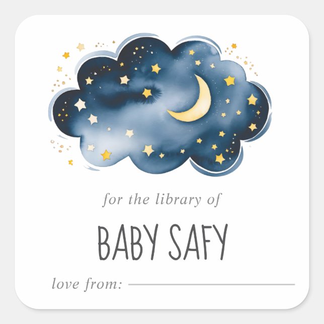 Moon and Stars Baby Shower Bookplate Square Sticker (Front)