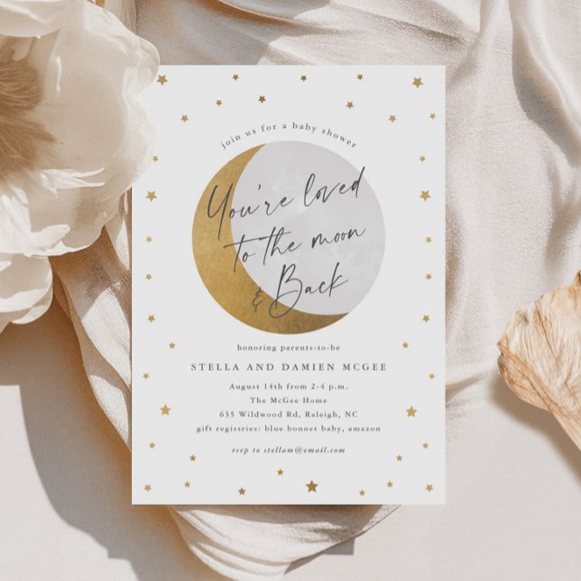 Moon and Stars Baby Shower Invitation (Elegant Script Gold Moon and Stars Gender Neutral Baby SHower Invitations.)