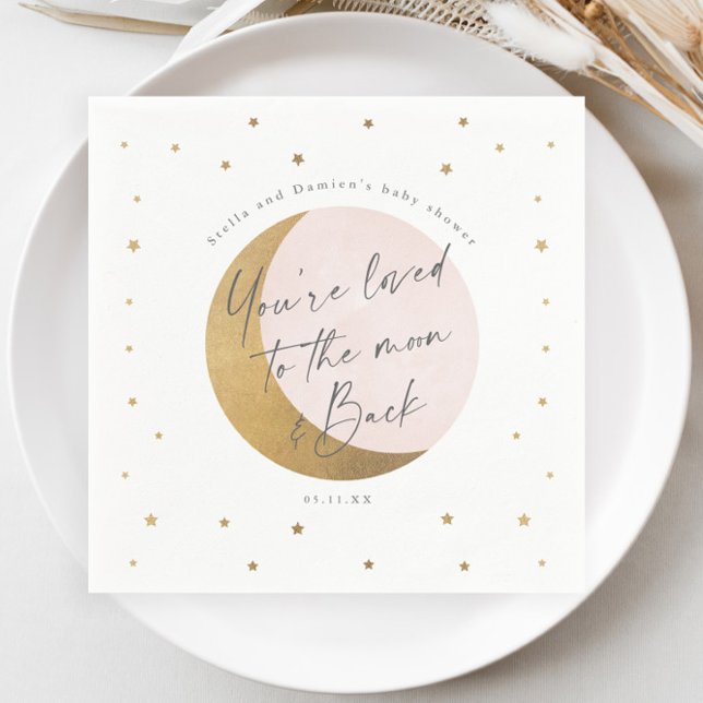 Moon and stars baby shower napkin (Elegant Gold Moon and Stars Script Pink Girls Baby Shower Napkin.)