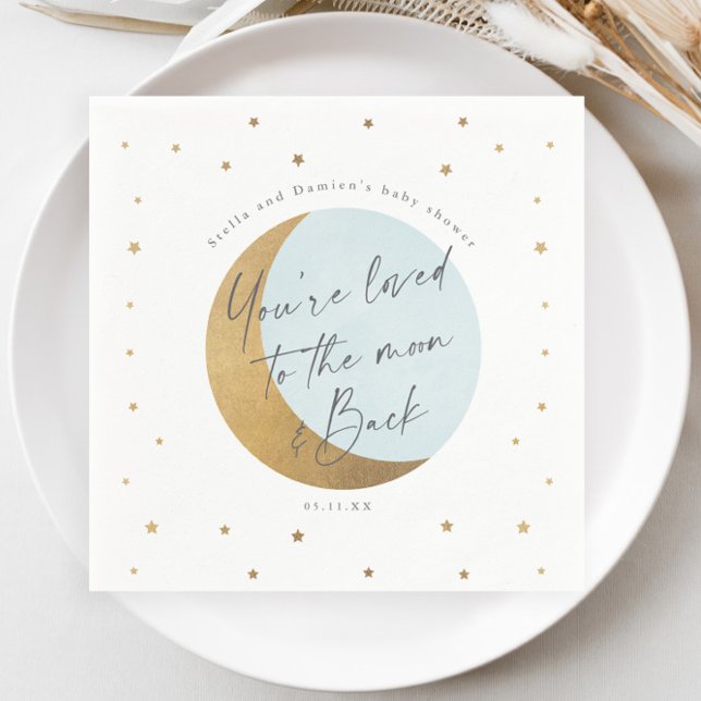 Moon and stars baby shower napkin (Elegant Gold Moon and Stars Script Blue Boys Baby Shower Napkin.)