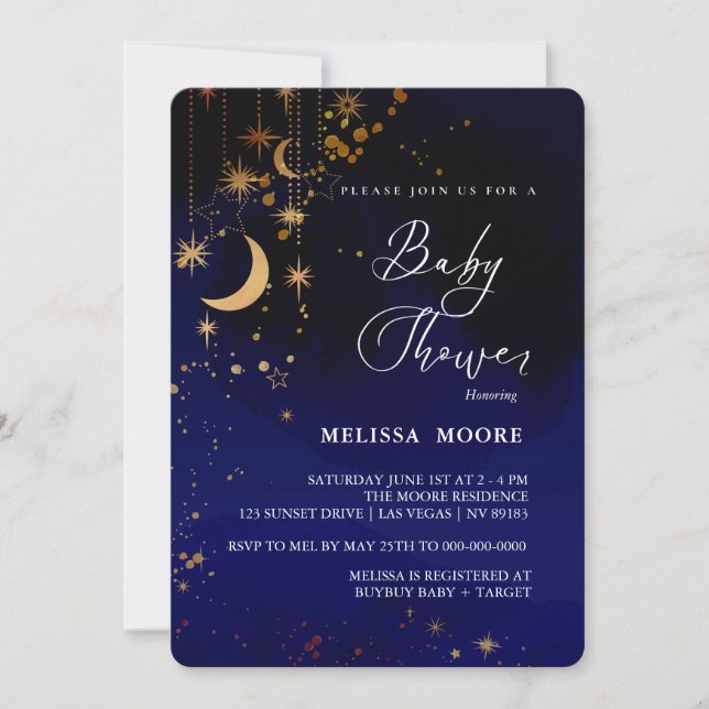 Moon And Stars Baby Shower Royal Blue Invitation (Front)