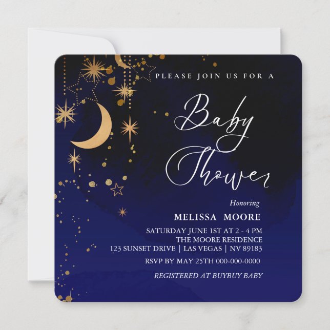 Moon And Stars Baby Shower Royal Blue Square Invitation (Front)