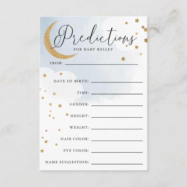 Moon and Stars Blue Baby Shower Prediction Card (Front)