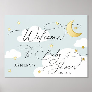 Moon and Stars Blue Clouds Welcome Baby Shower Foil Prints