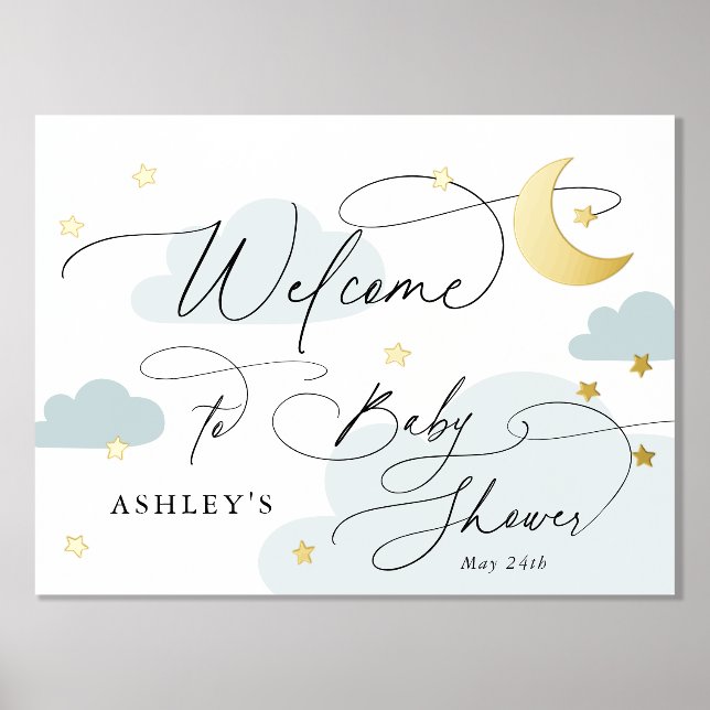 Moon and Stars Blue Clouds Welcome Baby Shower Foil Prints (Front)