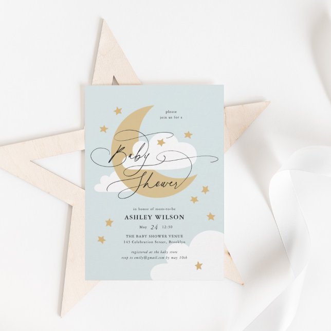 Moon and Stars Blue Elegant Script Baby Shower Invitation (Creator Uploaded)
