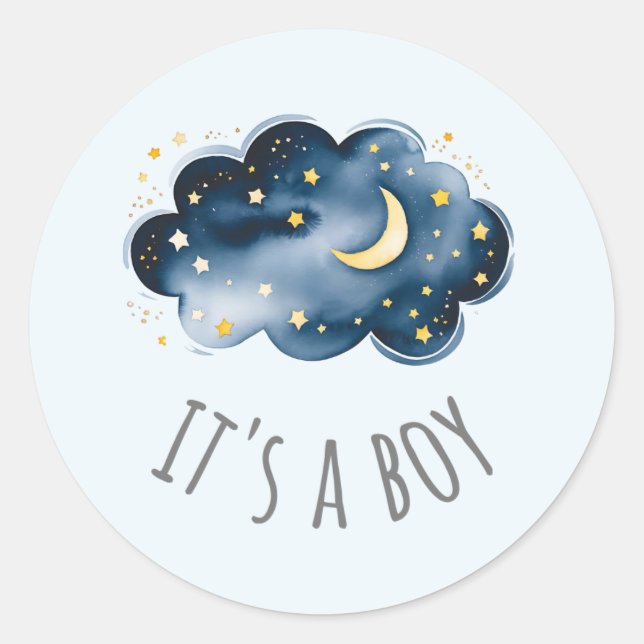 Moon and Stars Blue It's A Boy Baby Shower Classic Round Sticker (Front)