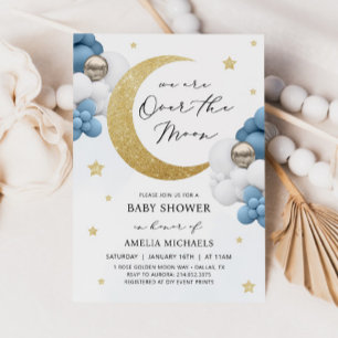 Moon And Stars Blue Over The Moon Baby Shower Invitation