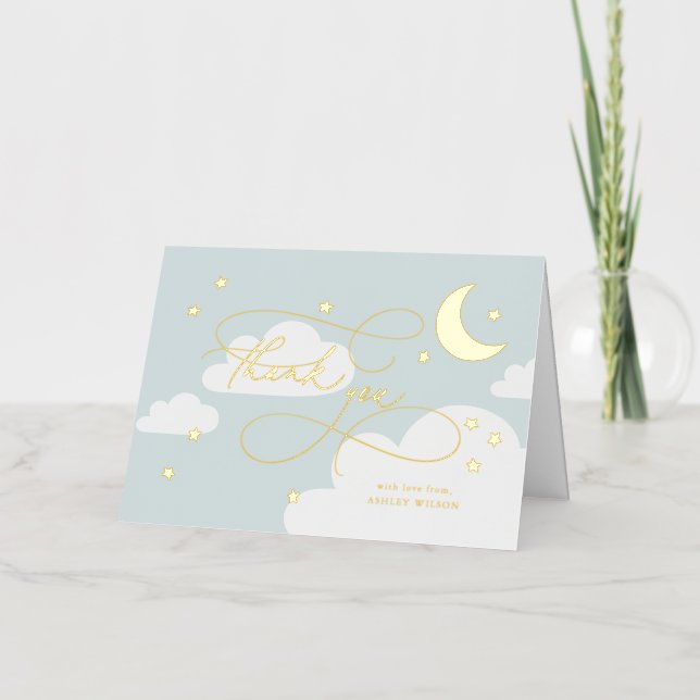 Moon and Stars Blue Script Baby Thank You Foil Greeting Card (Front)
