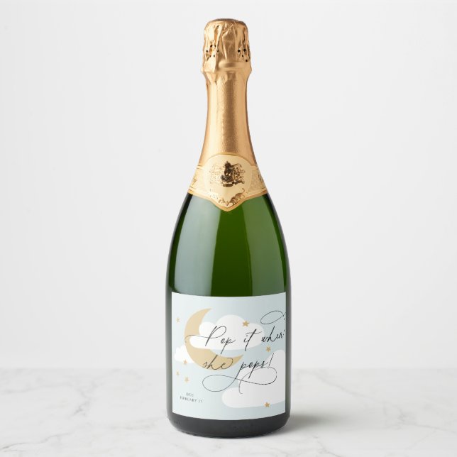 Moon and Stars Blue Script Pop It When She Pops Sparkling Wine Label (Front)