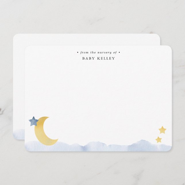 Moon and Stars, Blue Watercolor Personalised Flat Card (Front/Back)