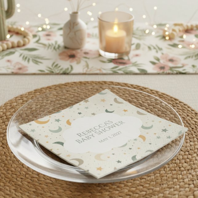 Moon and Stars Boho Baby Adoption Shower Napkin (Personalized Boho baby shower featuring moon and stars)