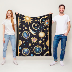 Moon And Stars Celestial Pattern Fleece Blanket