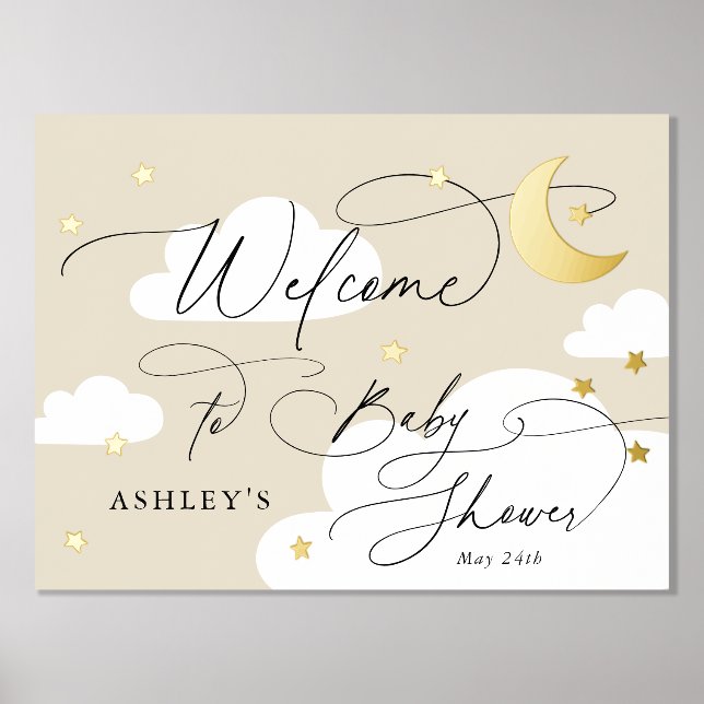 Moon and Stars Clouds Beige Welcome Baby Shower Foil Prints (Front)