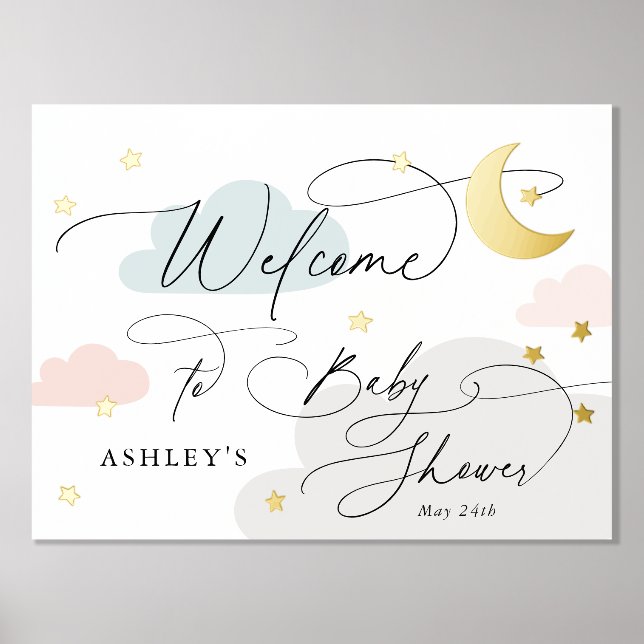 Moon and Stars Clouds Colourful Welcome Baby Showe Foil Prints (Front)