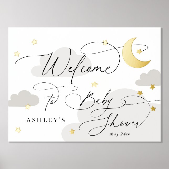 Moon and Stars Clouds Grey Welcome Baby Shower Foil Prints (Front)