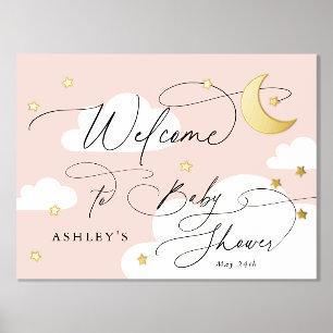 Moon and Stars Clouds Pink Welcome Baby Shower Foil Prints