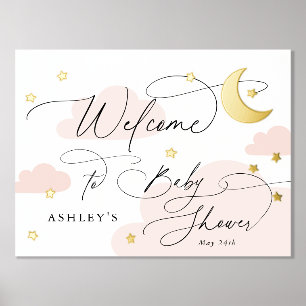 Moon and Stars Clouds Pink Welcome Baby Shower Foil Prints
