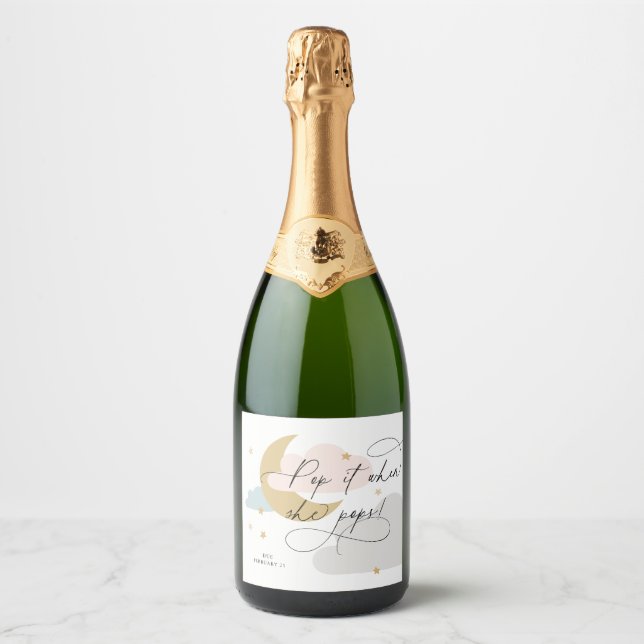 Moon and Stars Colourful Multi Pop It When She Pop Sparkling Wine Label (Front)